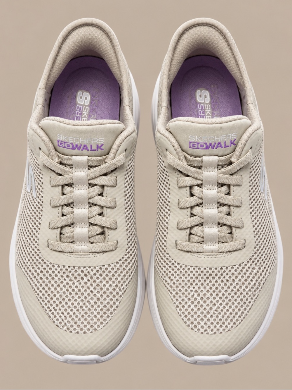 Skechers Women's Beige Mesh GOwalk Sneakers with Purple Insole